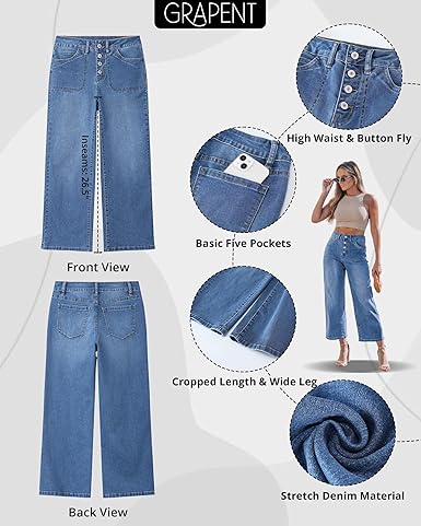 GRAPENT Wide Leg Jeans for Women Cropped Trendy High Waisted Button Fly Loose Straight Leg Stretchy Denim Trouser Jeans