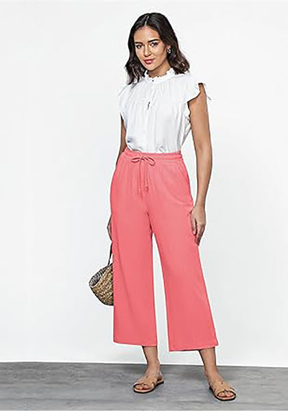 GRAPENT Linen Pants for Women High Waisted Wide Leg Capri Elastic Waist Casual Beach Flowy Cropped Summer Capris Pants