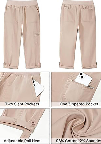 GRAPENT Capri Cargo Pants for Women High Waisted Pull On Elastic Waist Stretch Twill Fold Hem Capris Pants with Pockets