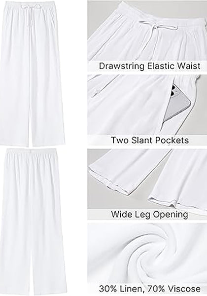 GRAPENT Linen Pants for Women Wide Leg High Waisted Baggy Drawstring Elastic Waist Palazzo Trousers Pants with Pockets