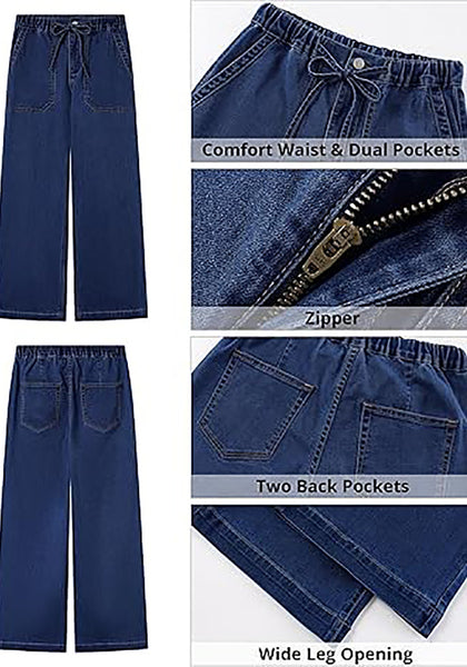GRAPENT Wide Leg Jeans for Women Trendy High Waisted Drawstring Tie Elastic Waist Stretchy Denim Pants Trouser Jeans