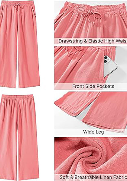 GRAPENT Linen Pants for Women High Waisted Wide Leg Capri Elastic Waist Casual Beach Flowy Cropped Summer Capris Pants