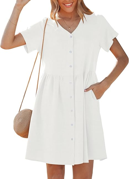GRAPENT Linen Dresses for Women Casual Summer Babydoll Button Down Short Sleeve V Neck Above Knee Dress with Pockets