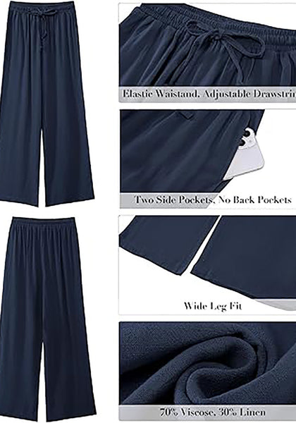 GRAPENT Wide Leg Pants Woman Linen High Waisted Pull On Flowy Casual Baggy Drawstring Palazzo Trousers Pants Resort Wear