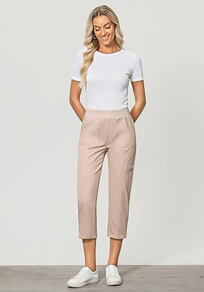 GRAPENT Capri Cargo Pants for Women High Waisted Pull On Elastic Waist Stretch Twill Fold Hem Capris Pants with Pockets