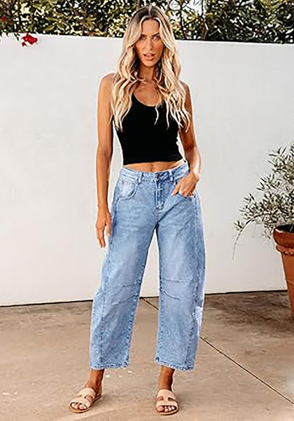 GRAPENT Barrel Jeans for Women Trendy High Waisted Wide Leg Baggy Cropped Relax Fit Stretch Denim Trouser Ankle Pants