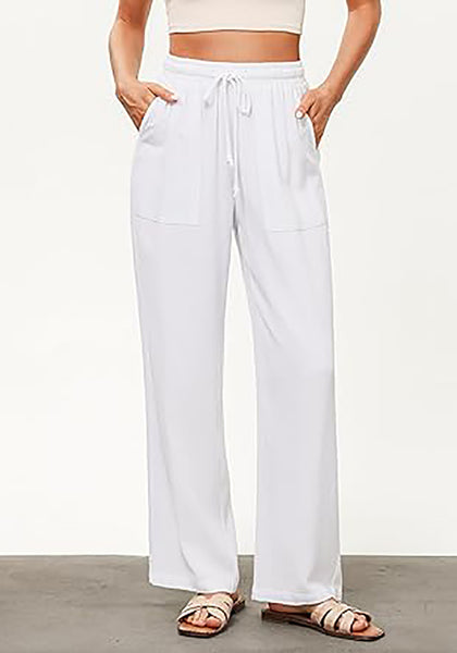 GRAPENT Linen Pants for Women Wide Leg High Waisted Baggy Drawstring Elastic Waist Palazzo Trousers Pants with Pockets
