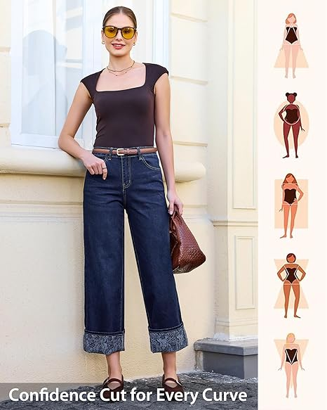 Grapent Women's High Waisted Cropped Wide Leg Jeans Trendy Printed Design Fold Hem Loose Straight Leg Stretchy Denim Pants Casual Daily Fashion Trousers