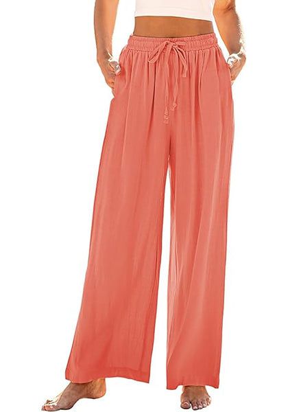 GRAPENT Wide Leg Pants Woman Linen High Waisted Pull On Flowy Casual Baggy Drawstring Palazzo Trousers Pants Resort Wear
