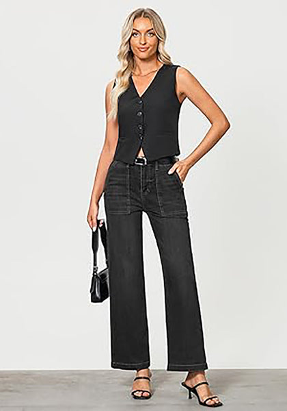 GRAPENT Jeans for Women High Waisted Straight Leg Jeans Stretchy Trendy Wide Leg Denim Pants Jean Trousers Patch Pockets