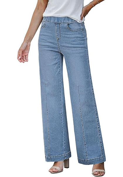 GRAPENT Pull On Womens Jeans Baggy Stretchy High Waisted Denim Wide Leg Trouser Pants Trendy Front Seam 90s Loose Jean