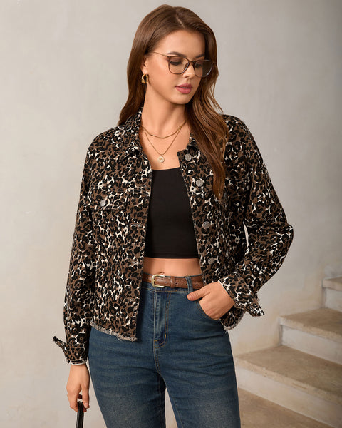 GRAPENT Leopard Jean Jacket Women Cheetah Print Stretchy Frayed Hem Jackets Long Sleeve, Turn-Down Collar, Button Up Denim Jackets, Animal Print, Raw Hem, Four Pockets, Casual Daily Wear, Fall Outfits