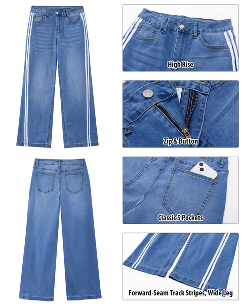 GRAPENT Wide Leg Jeans for Women High Rise Track Stripe Stretch Denim Pants Womens Jeans High Waisted, Full Length, 29.5" Inseam, Classic 5 Pockets, 90s Baggy Style, Country Concert, Work Casual Outfit