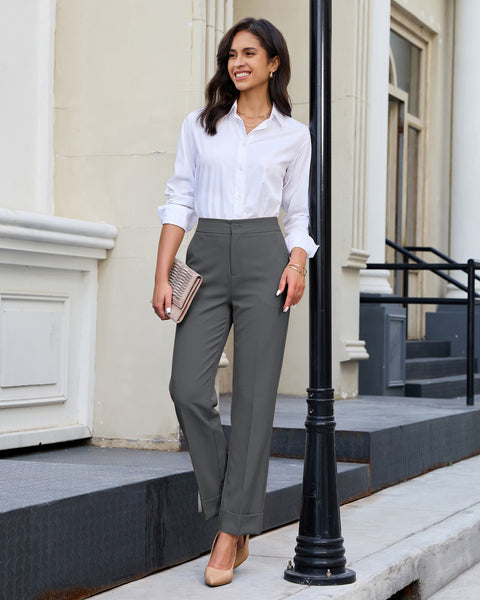 GRAPENT Dress Pants Women Ankle Straight Leg Business Casual Work Trousers Office Pants, Cuffed Hem, High Waisted, Elastic Back Waist, Stretchy Dressy Casual Slacks, Work Wear, Business Casual Outfits