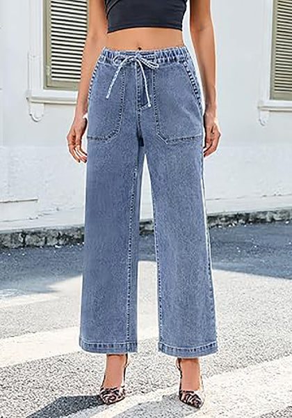 GRAPENT Wide Leg Jeans for Women Trendy High Waisted Drawstring Tie Elastic Waist Stretchy Denim Pants Trouser Jeans