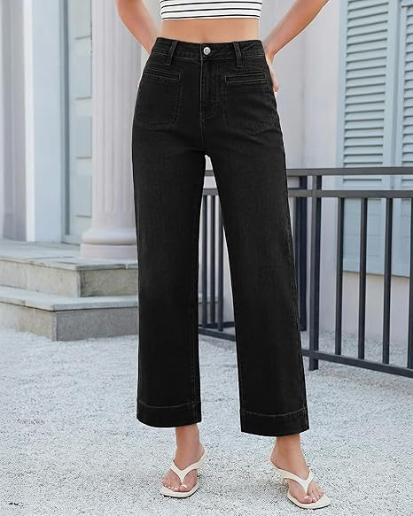 GRAPENT Wide Leg Jeans for Women Cropped High Waisted Trendy Patch Pocket Baggy Loose Straight Leg Stretchy Denim Pants