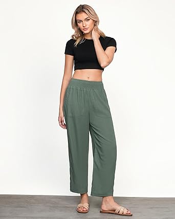 GRAPENT Linen Pants Women Wide Leg High Waisted Cropped Barrel Pull On Smocked Elastic Waist Summer Pants with Pockets