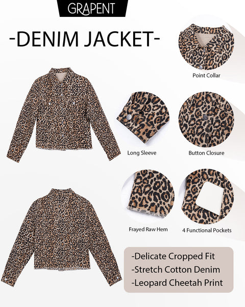 GRAPENT Leopard Jean Jacket Women Cheetah Print Stretchy Frayed Hem Jackets Long Sleeve, Turn-Down Collar, Button Up Denim Jackets, Animal Print, Raw Hem, Four Pockets, Casual Daily Wear, Fall Outfits