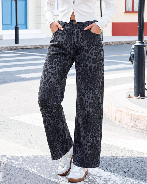 GRAPENT Womens Wide Leg Jeans High Waist Cheetah Print Baggy Leopard Pants | Baggy Wide Leg Cut, Classic Leopard Print, High Rise, 29.5 Inch Inseam, Stretchy Denim Pants, Loose Fit, Western Chic Outfits