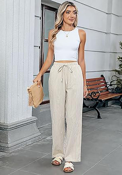 GRAPENT Striped Pants for Women High Waisted Wide Leg Cotton Linen Trendy Beach Pull on Elastic Waist Casual Flowy Pants