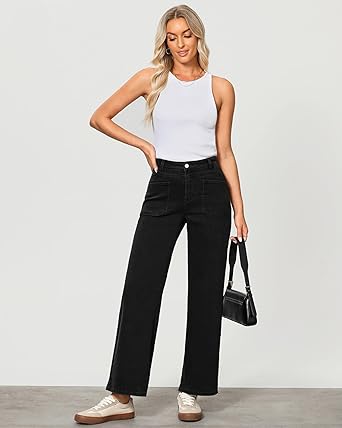 GRAPENT Wide Leg Jeans for Women Trendy High Waisted Loose Straight Leg Stretchy Retro Denim Pants with Pouch Pockets