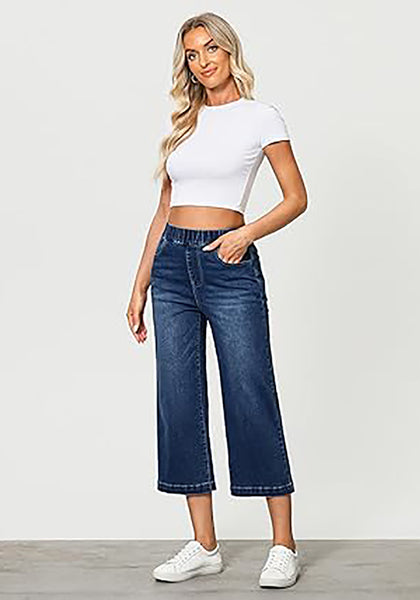 GRAPENT Capri Jeans for Women Wide Leg High Waisted Effortless Flow Pull On Stretchy Denim Elastic Waist Pants with Pockets