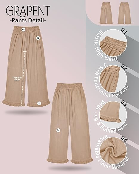 GRAPENT Linen Pants Women Wide Leg Ruffle Hem Pull On High Waisted Elastic Waist Cropped Ankle Casual Beach Summer Pants