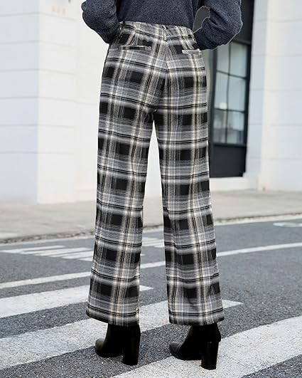 GRAPENT Plaid Pants for Women Wide Leg High Waisted Tartan Work Business Casual Elastic Waist Trousers Pants with Pocket