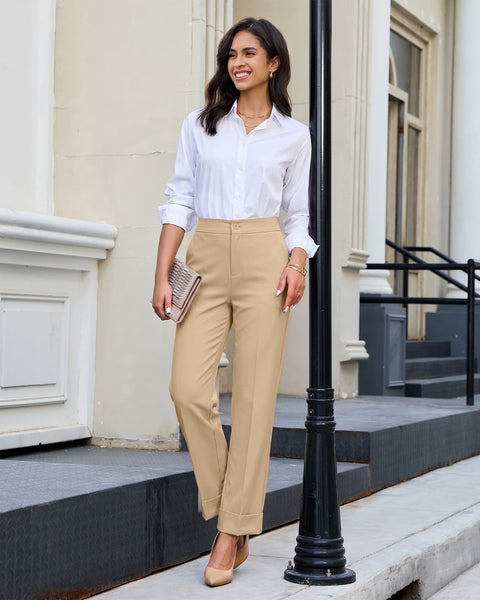 GRAPENT Dress Pants Women Ankle Straight Leg Business Casual Work Trousers Office Pants, Cuffed Hem, High Waisted, Elastic Back Waist, Stretchy Dressy Casual Slacks, Work Wear, Business Casual Outfits
