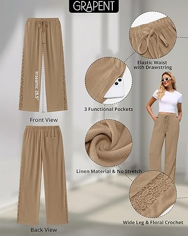 GRAPENT Linen Pants Women Wide Leg High Waisted Crochet Panel Pull On Elastic Waist Casual Summer Beach Vacation Pants