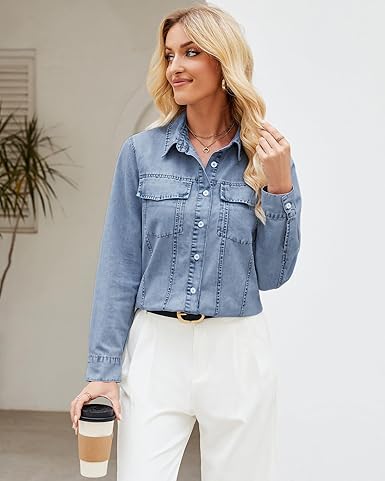 GRAPENT Women's Shirt Rugged Button Down Loose Durable Classic Fitted Denim Blouse Top