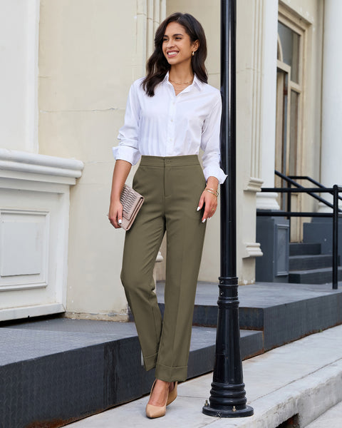 GRAPENT Dress Pants Women Ankle Straight Leg Business Casual Work Trousers Office Pants, Cuffed Hem, High Waisted, Elastic Back Waist, Stretchy Dressy Casual Slacks, Work Wear, Business Casual Outfits