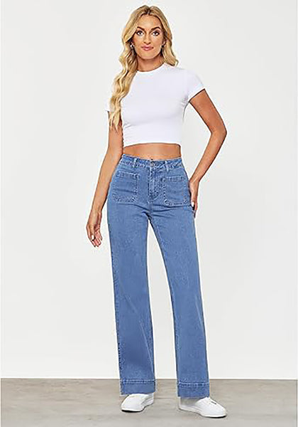 GRAPENT Women's Full Length Stretch Denim Regular Jeans High Waisted Bell Bottom