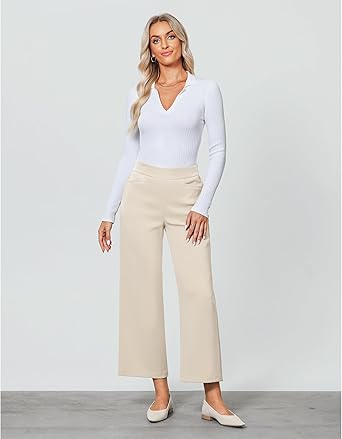 GRAPENT Cropped Pants for Women Trendy Business Casual High Waisted Pull On Wide Leg Stretchy Dress Pants with Pockets