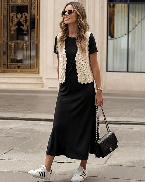 GRAPENT Long Dresses for Women Summer Casual Side Slit Twist Front 2026 Beach Vacation Short Sleeve Comfy Tshirt Dress