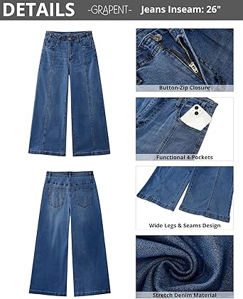 GRAPENT Wide Leg Jeans Woman Trendy Cropped High Waisted Front Seam Casual Stretchy Denim Trouser Jeans with Pockets
