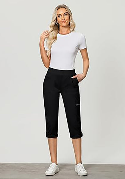 GRAPENT Capri Cargo Pants for Women High Waisted Pull On Elastic Waist Stretch Twill Fold Hem Capris Pants with Pockets