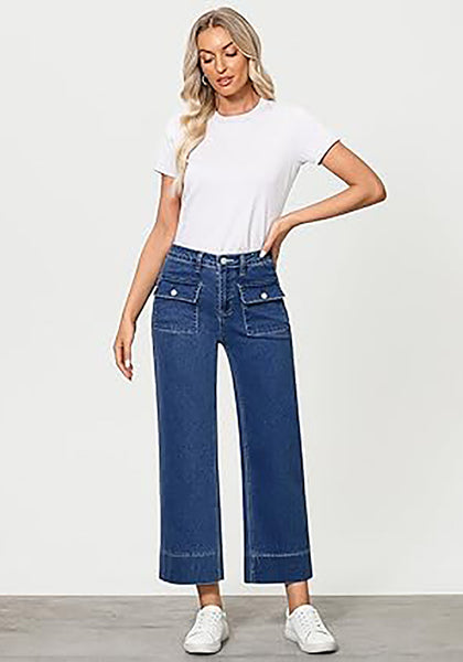 GRAPENT Wide Leg Jeans for Women Trendy High Waisted Straight Leg Cropped Stretchy Denim Pants with Retro Patch Pockets