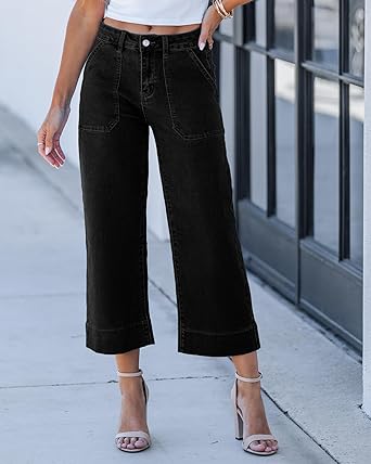 GRAPENT Capri Jeans for Women High Waisted Wide Leg Trendy Strechy Loose Straight Cropped Denim Jeans Pants with Pockets