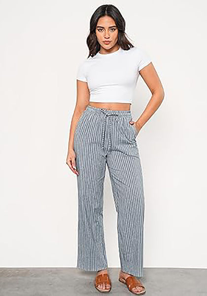 GRAPENT Striped Pants for Women High Waisted Wide Leg Cotton Linen Trendy Beach Pull on Elastic Waist Casual Flowy Pants