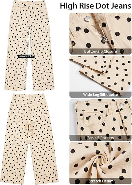 GRAPENT Wide Leg Jeans for Women High Waisted Polka Dot Stretch Denim Pants | Polka Dot, 90s Baggy Straight, High Rise, 29.5 Inch Inseam, Stretchy Jean Pants, Classic 5 Pockets, Business Casual Outfits