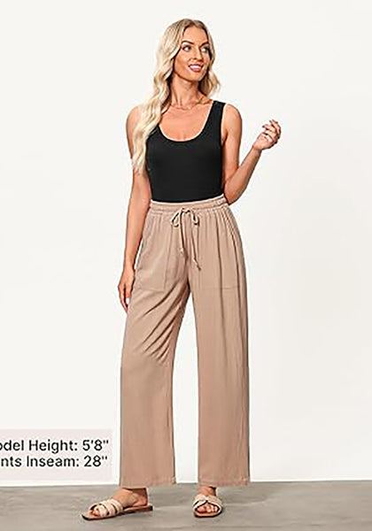 GRAPENT Linen Pants for Women Wide Leg High Waisted Baggy Drawstring Elastic Waist Palazzo Trousers Pants with Pockets