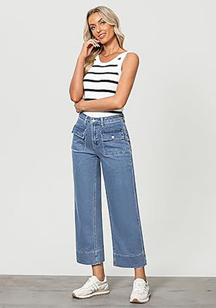 GRAPENT Wide Leg Jeans for Women Trendy High Waisted Straight Leg Cropped Stretchy Denim Pants with Retro Patch Pockets