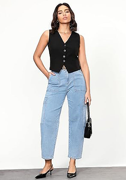 GRAPENT Barrel Jeans for Women Trendy High Waisted Cropped Cargo Pocket Baggy Stretch Denim Pants Wide Leg Tapered Jeans