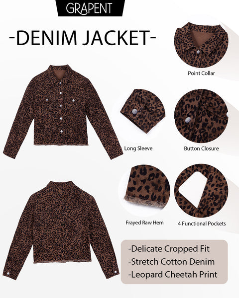 GRAPENT Leopard Jean Jacket Women Cheetah Print Stretchy Frayed Hem Jackets Long Sleeve, Turn-Down Collar, Button Up Denim Jackets, Animal Print, Raw Hem, Four Pockets, Casual Daily Wear, Fall Outfits