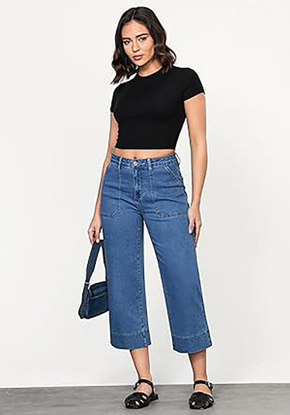 GRAPENT Capri Jeans for Women High Waisted Wide Leg Trendy Strechy Loose Straight Cropped Denim Jeans Pants with Pockets