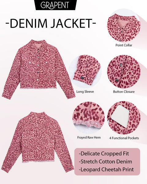 GRAPENT Leopard Jean Jacket Women Cheetah Print Stretchy Frayed Hem Jackets Long Sleeve, Turn-Down Collar, Button Up Denim Jackets, Animal Print, Raw Hem, Four Pockets, Casual Daily Wear, Fall Outfits
