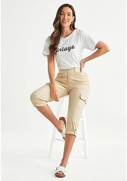 GRAPENT Cargo Capri Pants for Women High Waisted Relaxed Fit Elastic Knit Waist Casual Capris Trousers Cropped Pants