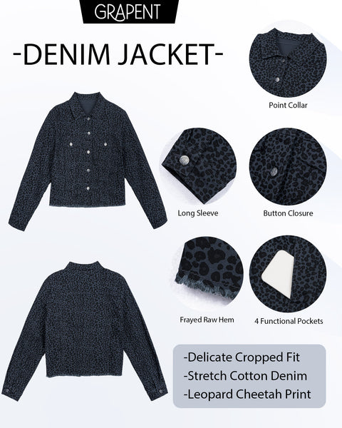GRAPENT Leopard Jean Jacket Women Cheetah Print Stretchy Frayed Hem Jackets Long Sleeve, Turn-Down Collar, Button Up Denim Jackets, Animal Print, Raw Hem, Four Pockets, Casual Daily Wear, Fall Outfits