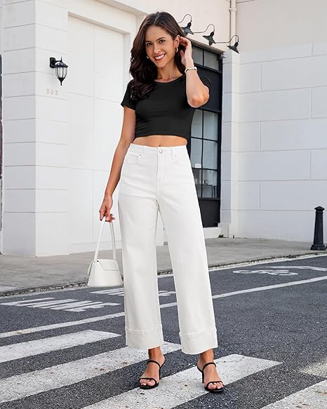 GRAPENT Wide Leg Jeans for Women Trendy High Waisted Cuffed Hem Stretchy Denim Trousers Pants Work Casual Jeans